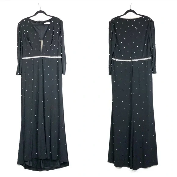 MAC DUGGAL Black Jewel Encrusted Long Sleeve Belted Evening Gown Size 10-12 - Picture 2 of 3